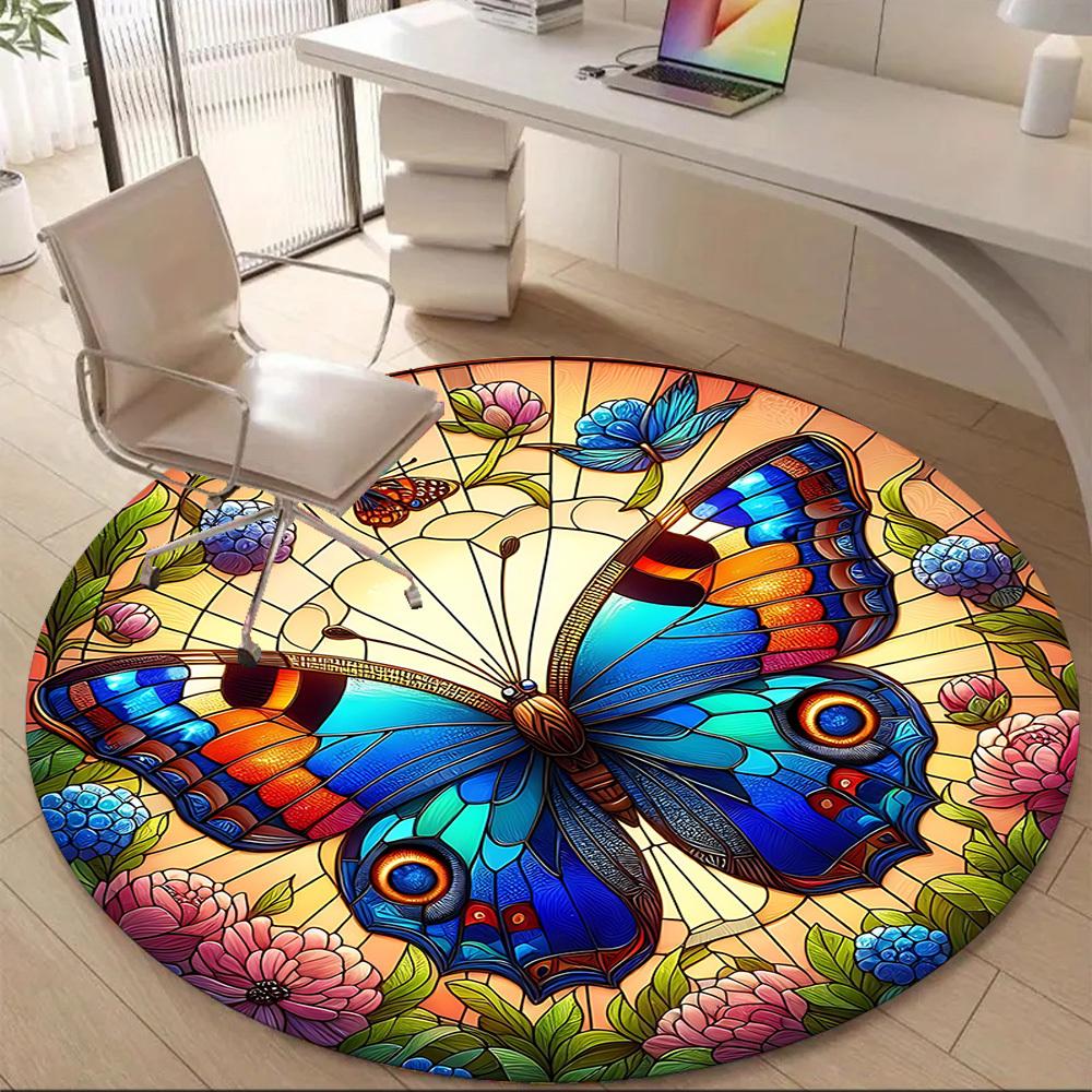 1pc Butterfly Garden Office Round Area Rug, Indoor Mat Suitable ForOffice, Under Office Chairs Bedroom Living Room Home Decor, Room Deco T043