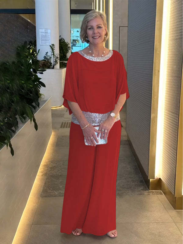 Europe and The United States Ladies Suit Round Neck Sequins Color Blocking Bat Shirt Wide Leg Pants Suit Female