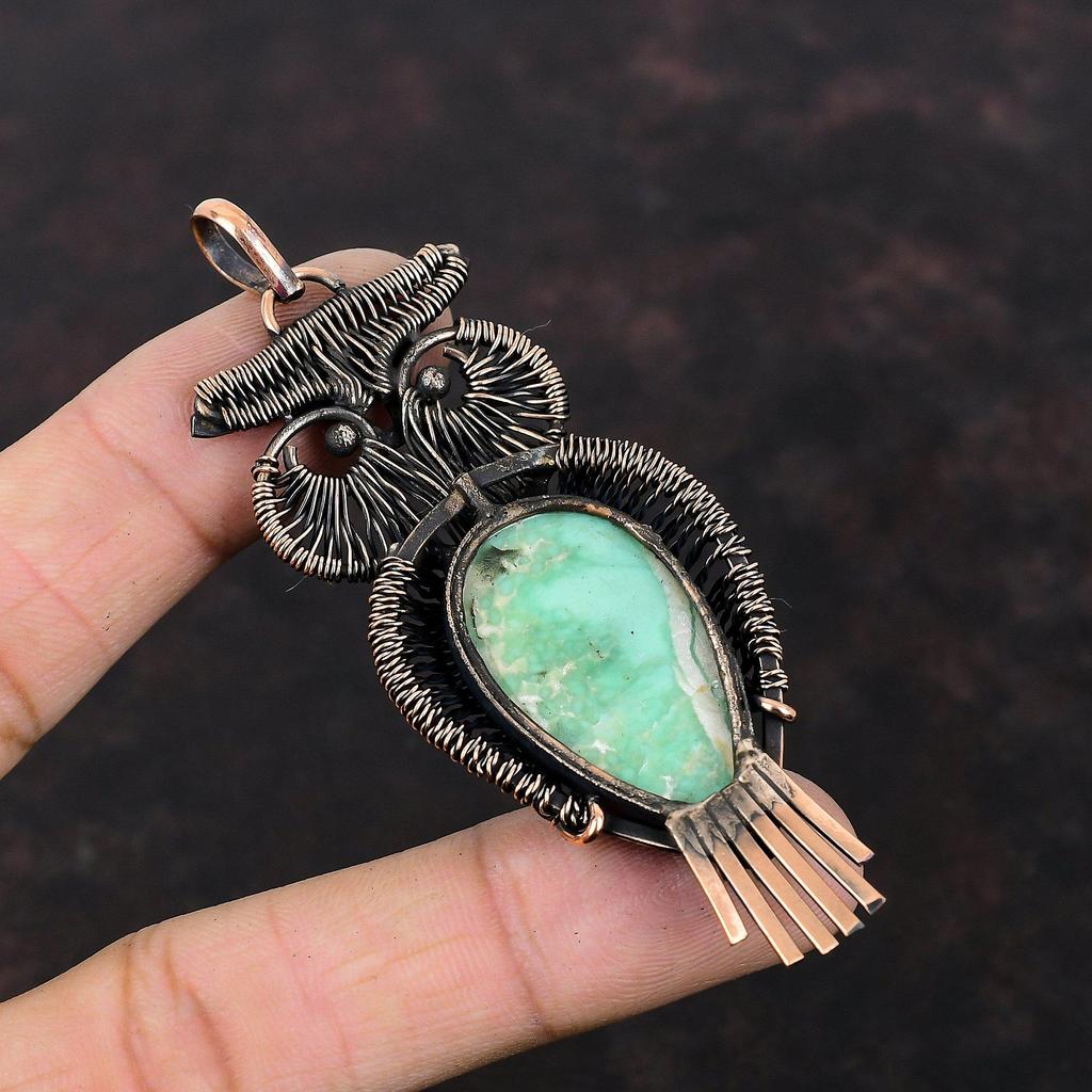 Подвеска из варисцита, обернутая медной проволокой, ювелирное изделие в виде совы из варисцита, новинка ручной работы, подвеска из драгоценного камня для подарка, ювелирное изделие из медной проволоки