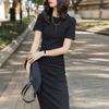 Temperament Age-reducing Drawstring Waist Dress Summer Cotton Slimming Short-sleeved Over-the-knee Dress