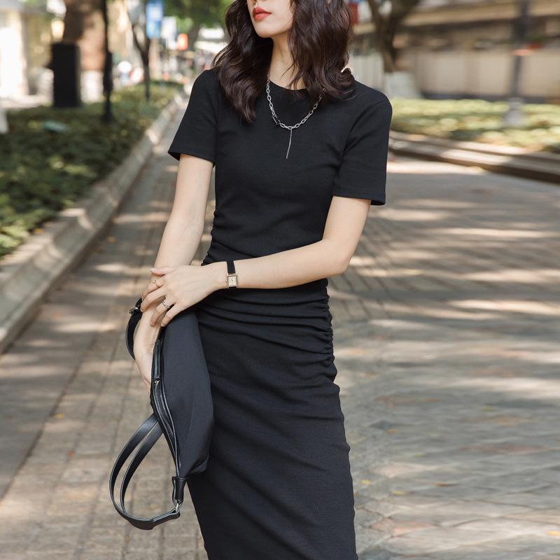 Temperament Age-reducing Drawstring Waist Dress Summer Cotton Slimming Short-sleeved Over-the-knee Dress