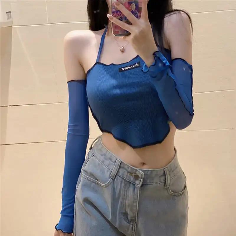 Рубашка в перчатках с длинным рукавом Синие женские футболки Y2k Сексуальные узкие укороченные топы с открытыми плечами на бретельках Летний модный топ Egirl Весна и лето
