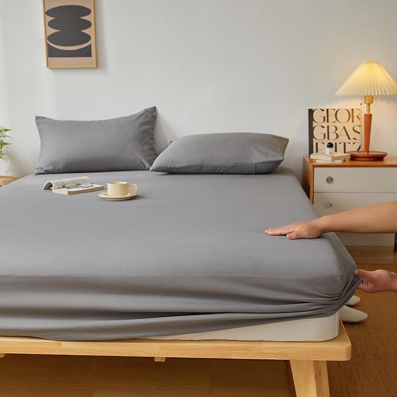 Pure Cotton Fitted Sheet With Anti Slip Elastic Band Plain Mattress Cover For Single Double Queen King Size Beds