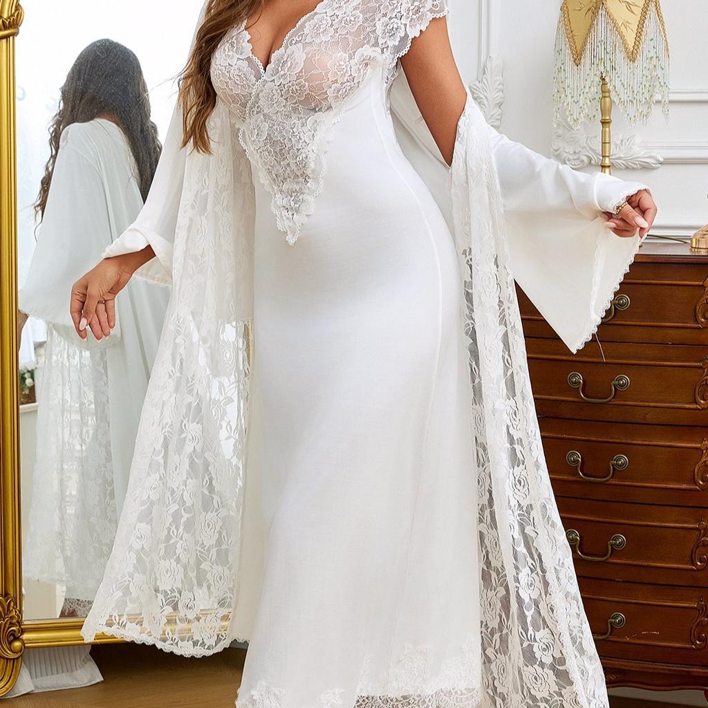 Стиль чистого желания длинная ночная рубашка женская сексуальная V-образный вырез кружево короткий рукав разрезы пижама одежда для дома