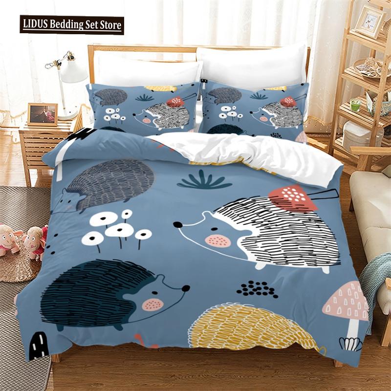 Hedgehog Bedding Set Cute Kawaii Wildlife Comforter Cover With Pillowcases For Kids Boys Girl Polyester Bedding Set King Size
