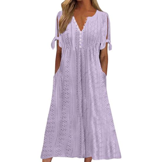 Женское летнее платье макси в стиле бохо с люверсами, пуговицами, V-образным вырезом, завязкой-узлом, коротким рукавом, летнее пляжное платье-сарафан для отдыха