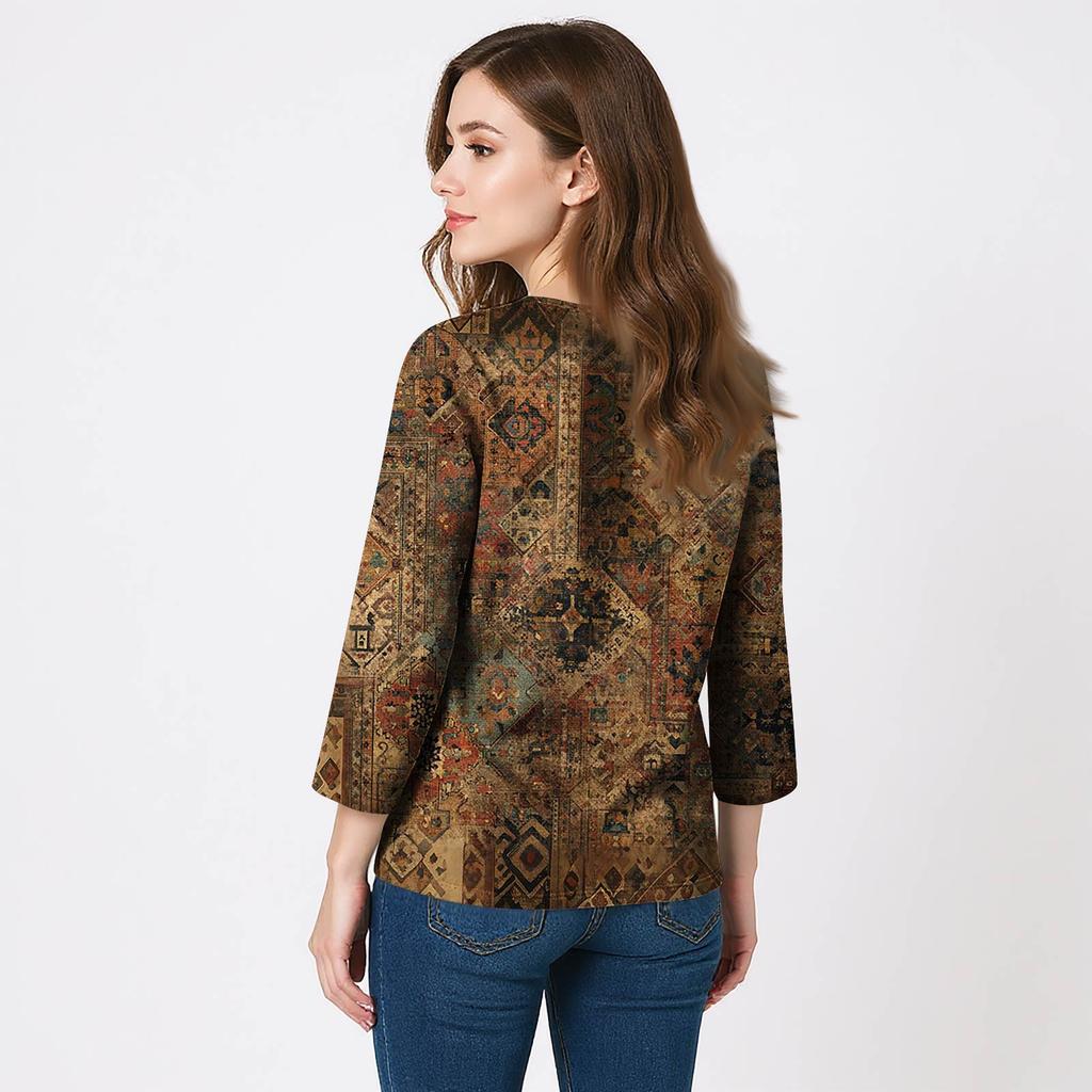 Женские рубашки с рукавом 3/4, топы с принтом и V-образным вырезом, повседневные топы, базовые футболки, блузки, свободные топы