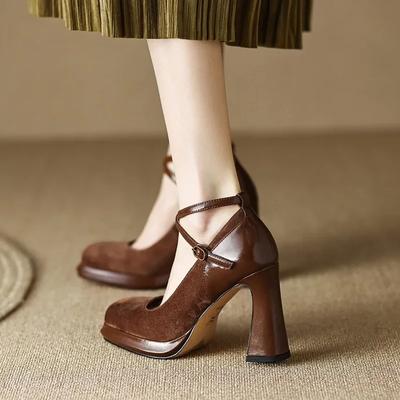 Женские туфли-лодочки на массивной платформе в стиле ретро, ​​туфли-лодочки с перекрестными ремешками, одиночные туфли на высоком каблуке, женские туфли Мэри Джейн с пряжкой на толстом каблуке