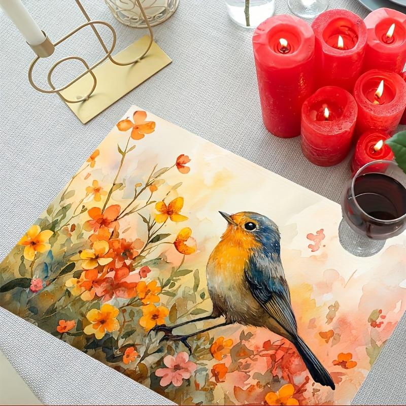 4pcs, Festival Easter Placemats, Watercolor art herbaceous flowers Lively Robin, Easter Table Mats Kitchen Mat for Dining Table, Easter Decor, Spring
