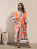 2024 Bikini Cover-ups Pink Boho Printed Self Belted Front Open Long Kimono Dress Beach Tunic Women Swim Suit Cover Up