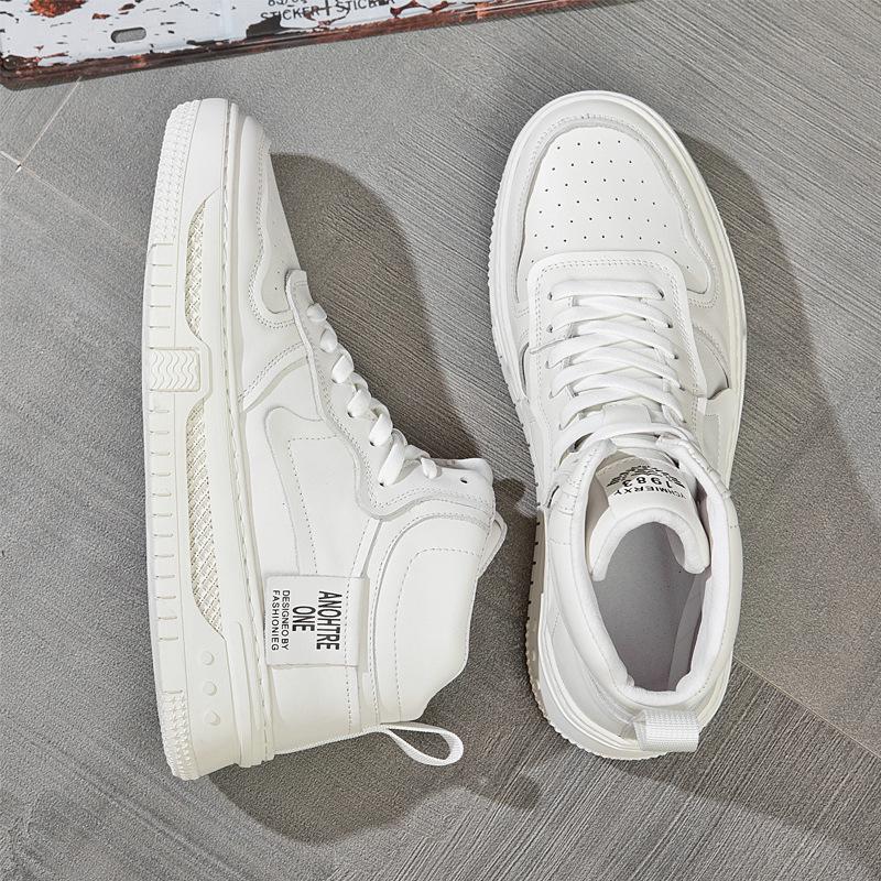 Мужские высокие кроссовки Кожаная мужская обувь Осень и зима Тренд ВВС Повседневные универсальные верхние слои из воловьей кожи Маленькие белые туфли для мужчин