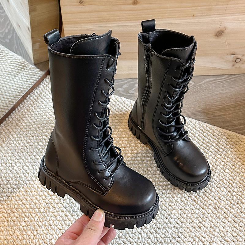 Non-Slip Leather High-Top Kids Boots with Side Zippers, Spring/Autumn, Wear-Resistant, Dr. Martens Inspired, Available in Off-White and Black.