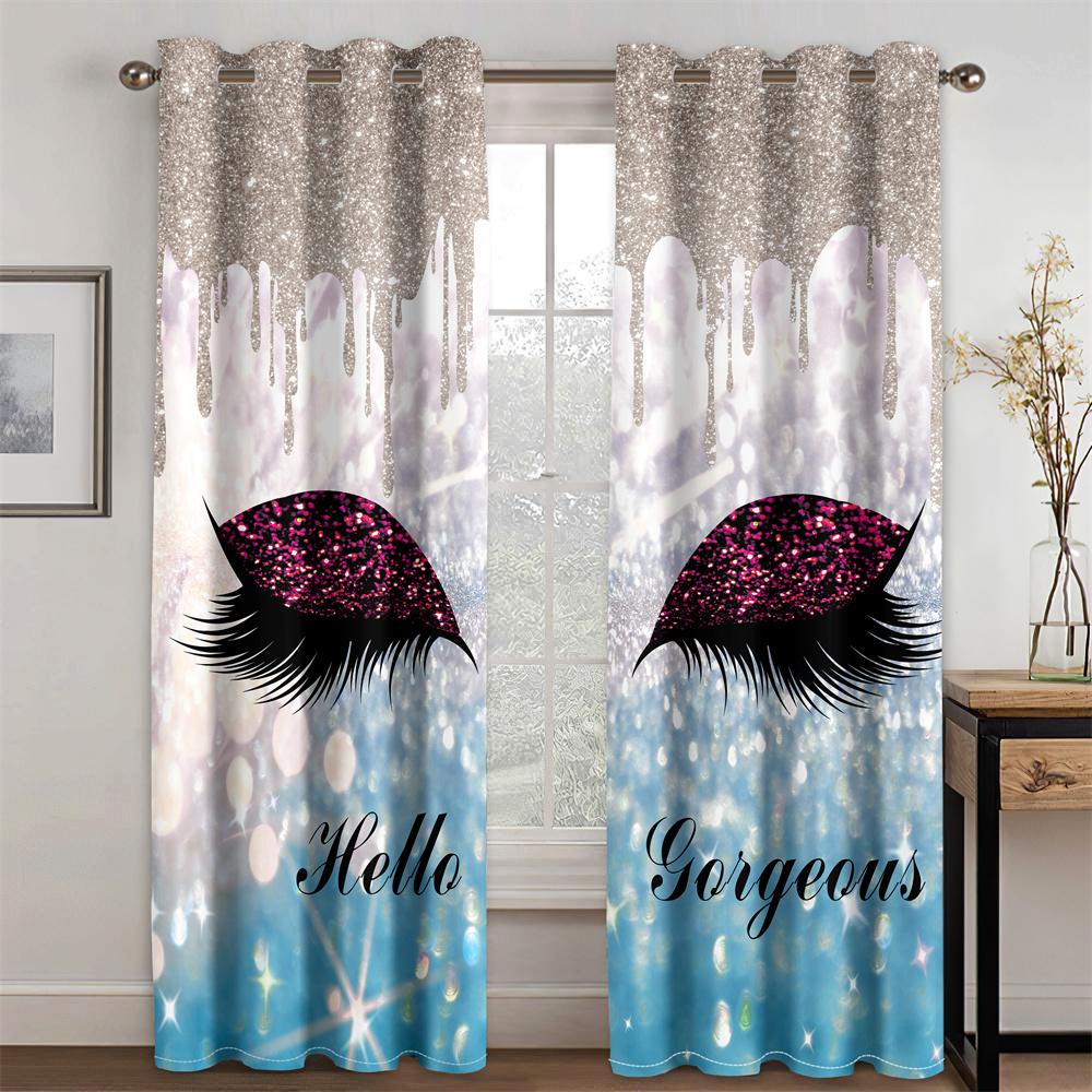 Luxury Thin Shading Window Curtains for Living Room, Girl Eyelash Eyebrow, Cheap 3D Print, Bedroom Decoration On Sale, 2 Pieces