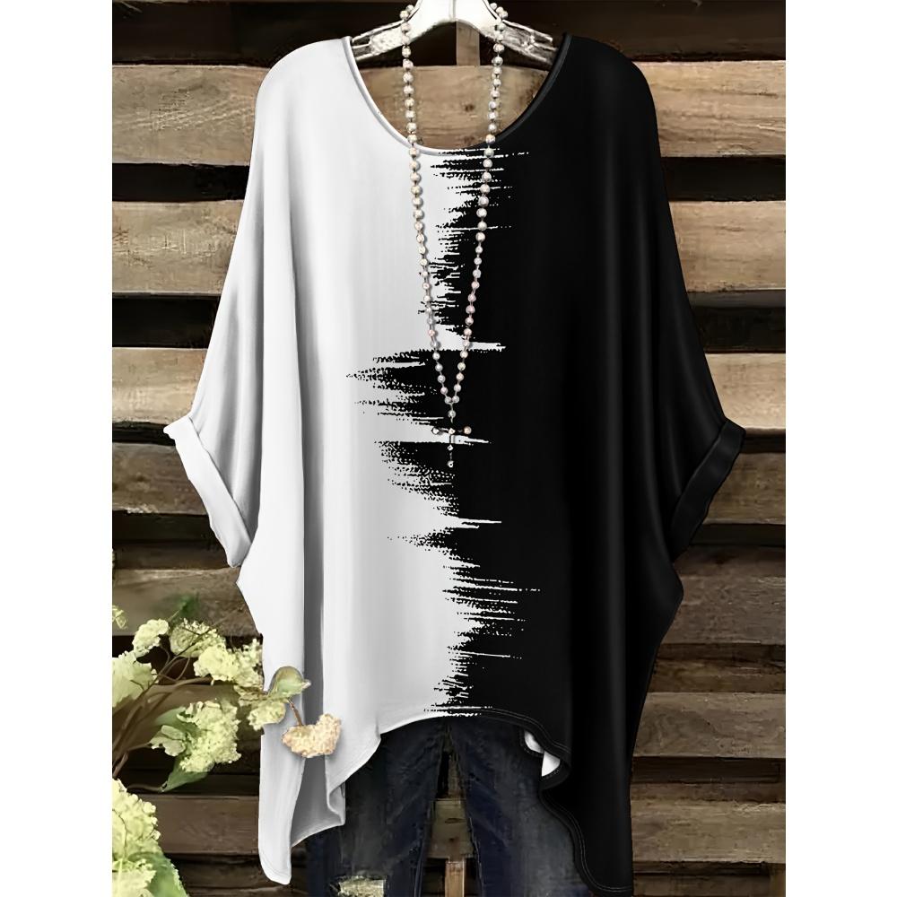 Women 's T-Shirt Simple Color Gradient Print Elegant Irregular Hem O- Neck Women's Clothing Casual T-Shirt Vacation Style Loose