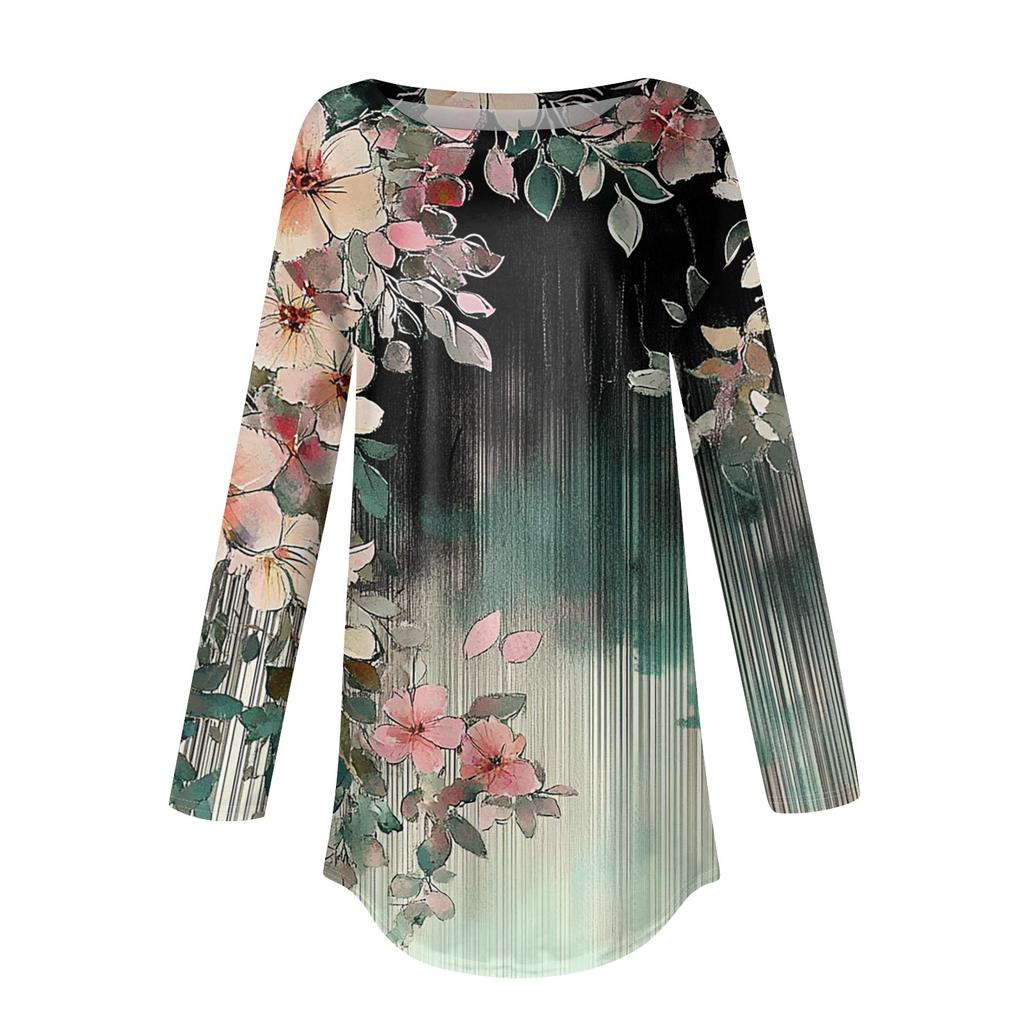 Women's Loose Round Neck Print Long Sleeve T-Shirt Top Pullover