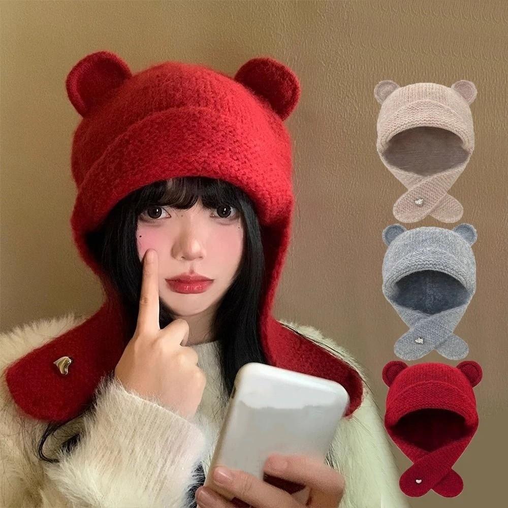 Y2k Warm Beanie Hats Winter Autumn Ear Protection Cap Fashion Bear Ear Knitted Cap Ski