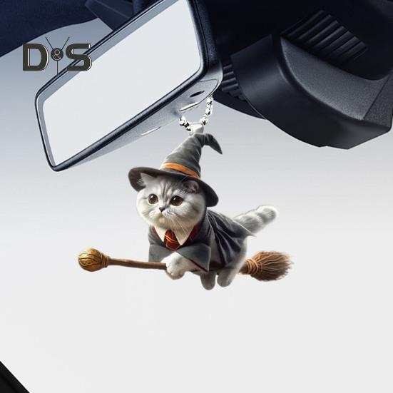 Halloween Wizard Cat Hanging Decoration Home Indoor Christmas Tree Car Rearview Mirror 2D Flat Acrylic Broom Kitten Hanging Ornament Animal Pendant