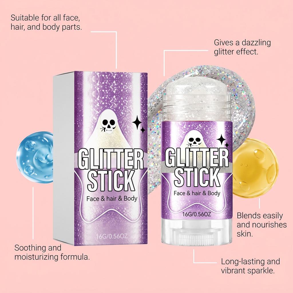 Glitter Powder Makeup Stick Brightening Halloween Elf Makeup Stick, Easy to Apply, No Scattered Powder, Fine Glitter