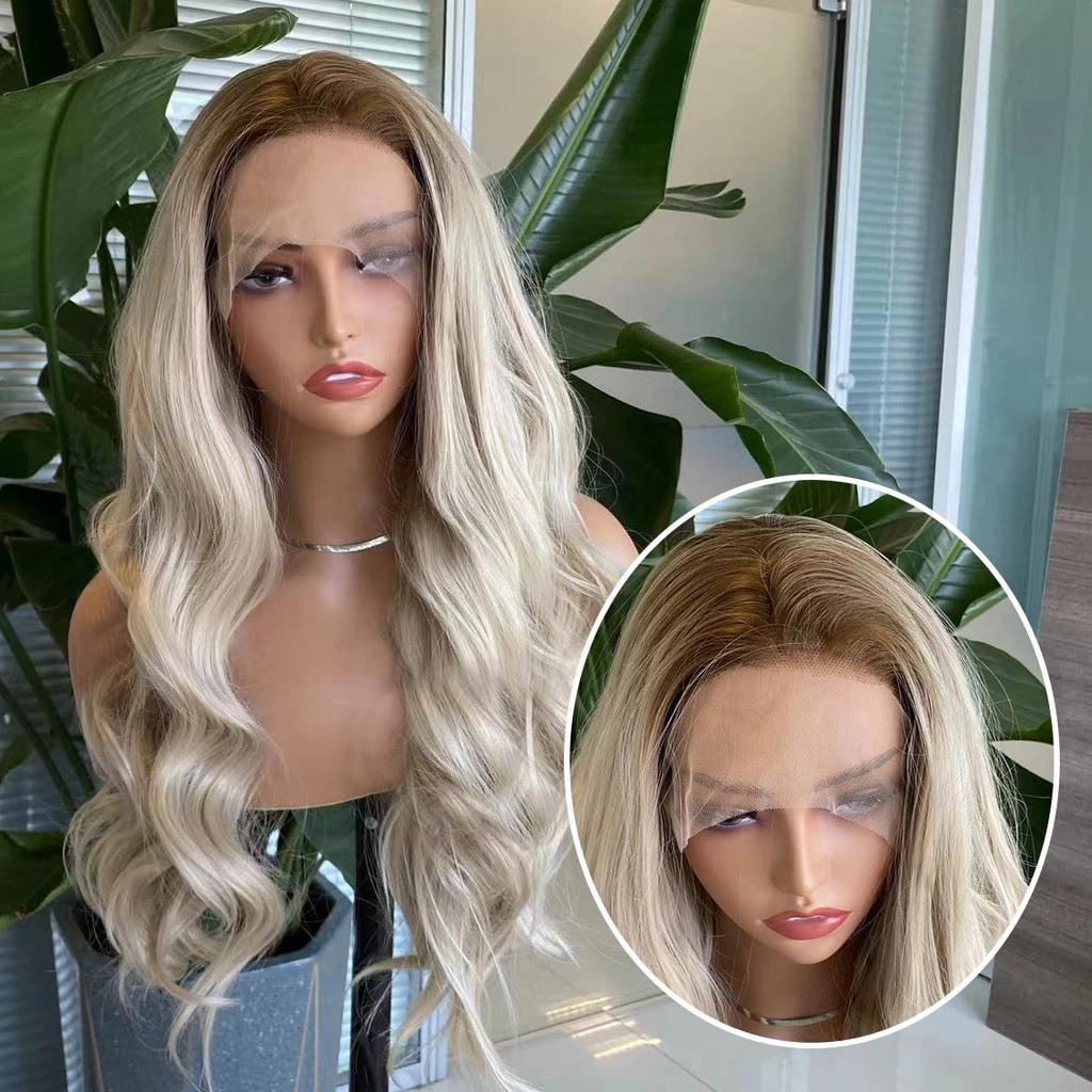 AIMEYA Platinum Blonde Synthetic Lace Front Wig Long Body Wave Natural Hairline Wigs Heat Resistant Fiber Hair Daily Use Csplay