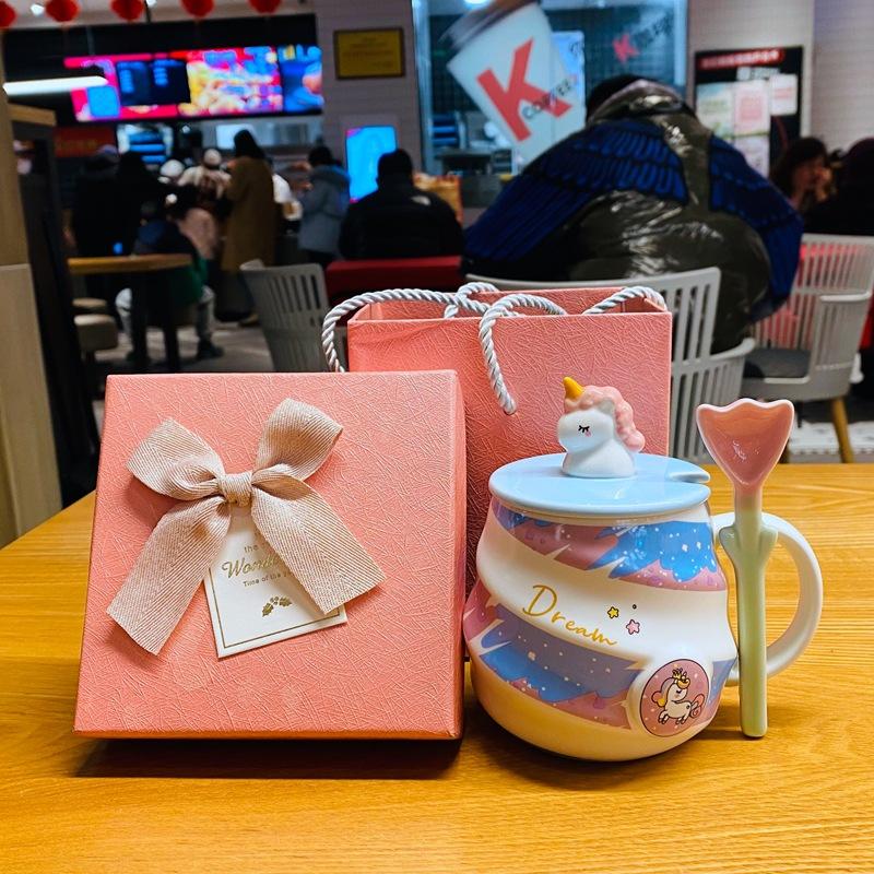 Кружка-единорог Радужная кружка Кофейная кружка с крышкой и ложкой Милая девичья кружка для питья дома Керамическая кружка
