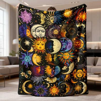 2026 Latest Flannel Blanket 1pc Vibrant Sun and Moon Print Flannel Blanket Soft, Cozy, Multi-Purpose Throw for Bed, Sofa, Office, and Travel, Space-T