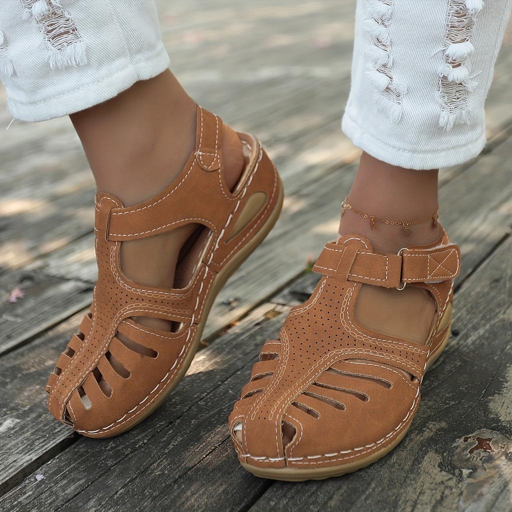 Women's Retro Wedge Sandals, Closed Toe Hollow Trendy Shoes, Casual Slingback Sandals