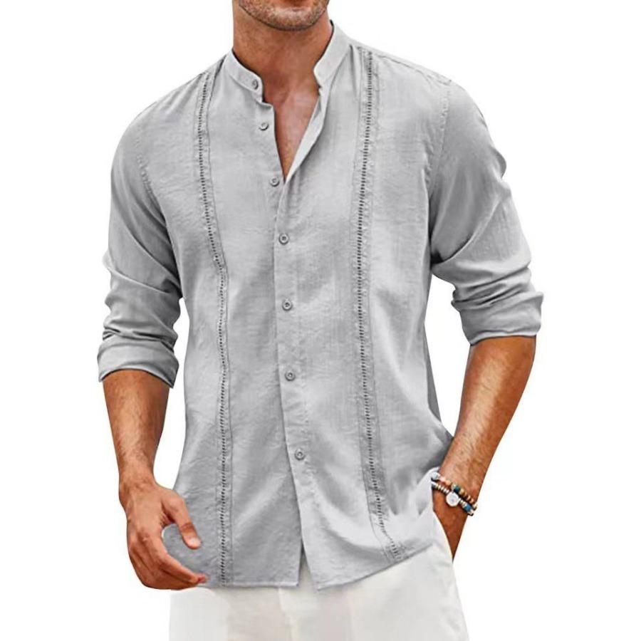 Men's Cuban Style Casual Button Summer Beach Vacation Cotton Linen Shirt Stand Collar Clothing Men