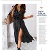 QICED Summer Short Sleeve V-neck Bohemian Polka Dot Print Dress Long Skirt