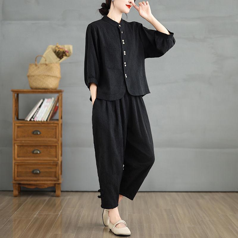 Льняной костюм в китайском стиле, женская летняя свободная модная рубашка + брюки-шаровары, костюм из двух частей