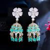 WWJ Vintage Wind-Bell Flower Zirconia Light Green Tassel Drop Earrings