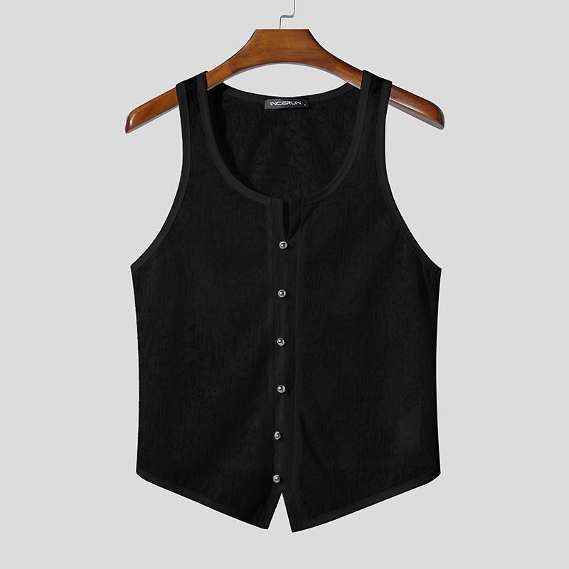 INCERUN Summer Men U Neck Sleeveless Buttons Lace Mesh Sheer Casual Tank Tops