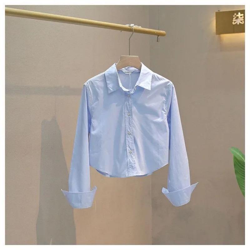 Женская укороченная белая рубашка Повседневная свободная с манжетами на пуговицах Блузка