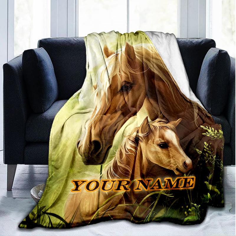 1PC Custom Name Horse Foal Nature outdooor Flannel blankets Patterns Throw Blanket All-Season Soft Gift for Couch, Bed, Camping gifts