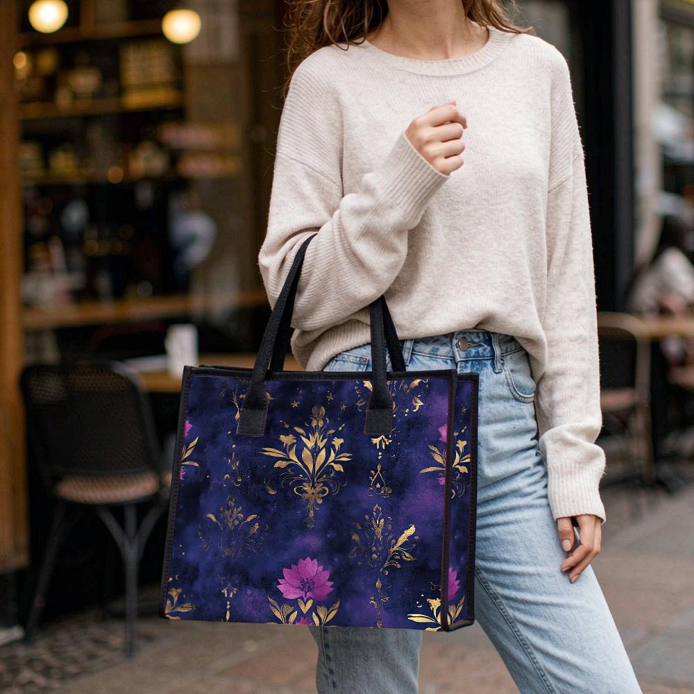 Vintage Purple Floral Shoulder Bag Elegant Daily Shopper Tote