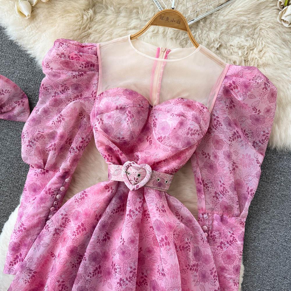 Женское винтажное длинное платье миди с цветочным принтом, летнее милое сетчатое праздничное платье принцессы с пышными рукавами и обручем для волос