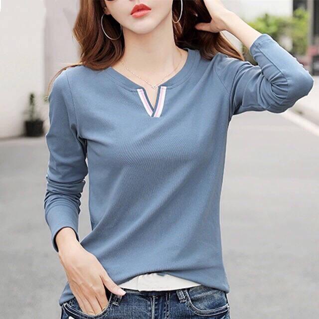 Women's Spring and Autumn Bottoming Shirt Solid Color Long-sleeved V-neck Pullover Tops