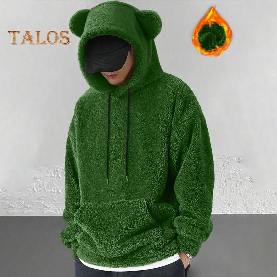 Зимняя мужская толстовка с капюшоном с декором в виде мультяшных ушей, двусторонний бархат с большим передним карманом, свободный длинный рукав, термотоп с эластичными манжетами, повседневная, на каждый день