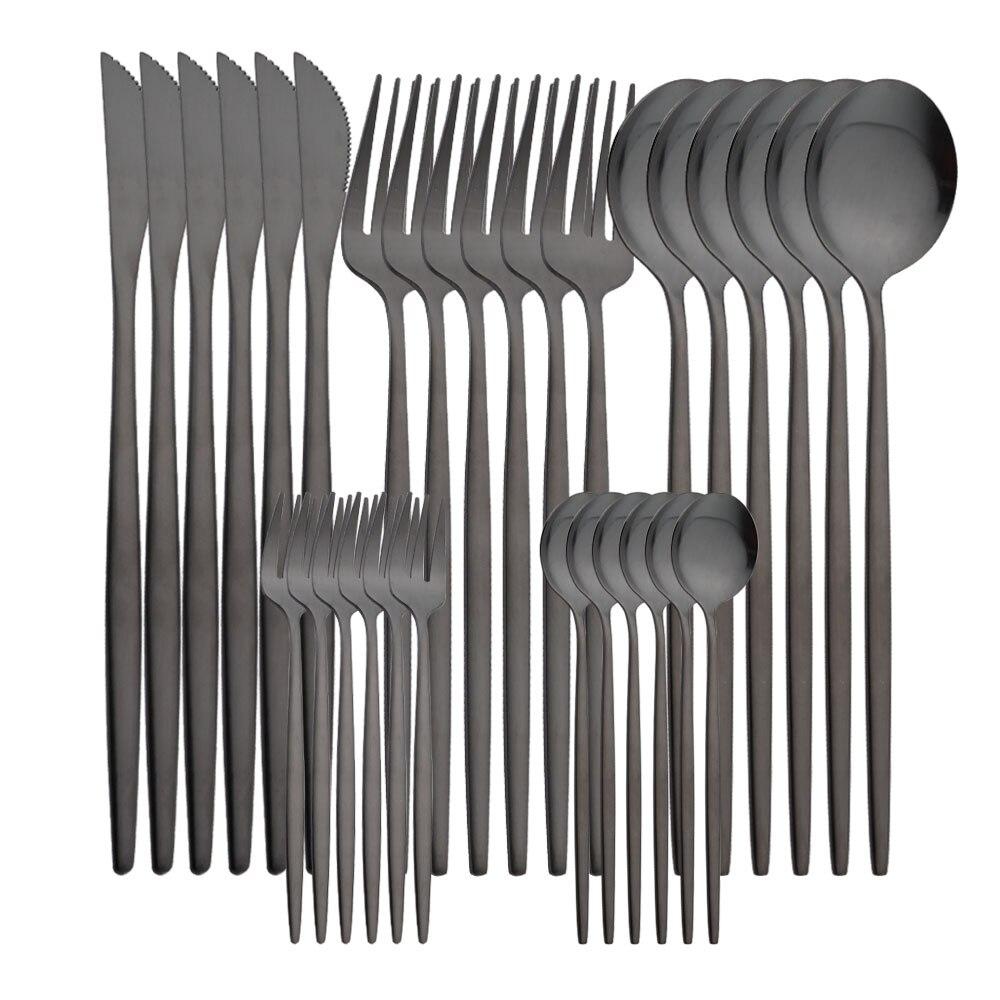 30Pcs Matte Black Silver Dinnerware Set Stainless Steel Knife Cake Fork Tea Spoon Flatware Cutlery Set Kitchen Tableware Set