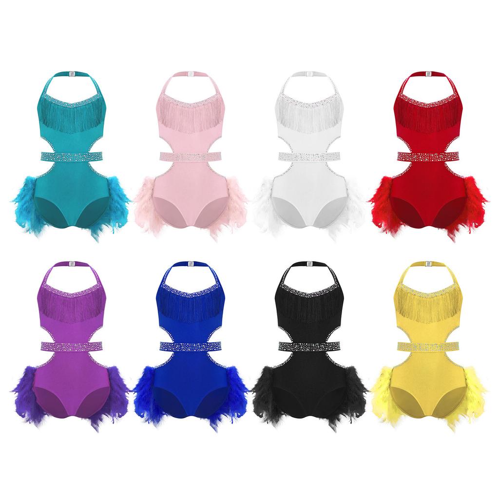 Girls Performance Leotard Halter Sleeveless Cutout Back with Feather Skirt Latin Dancewear