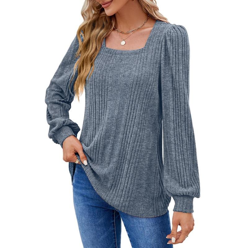Autumn Women's Blouse Pit Stripes Square Neck Fashion Casual Long Sleeve Tops