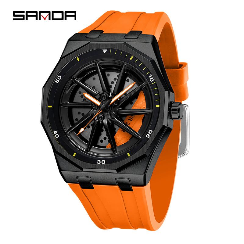 Fashion Sanda Top Brand Men's 360° Rotating Car Wheel Skeleton Dial Watch Luminous Quartz Sport Silicone Strap For Student Watch
