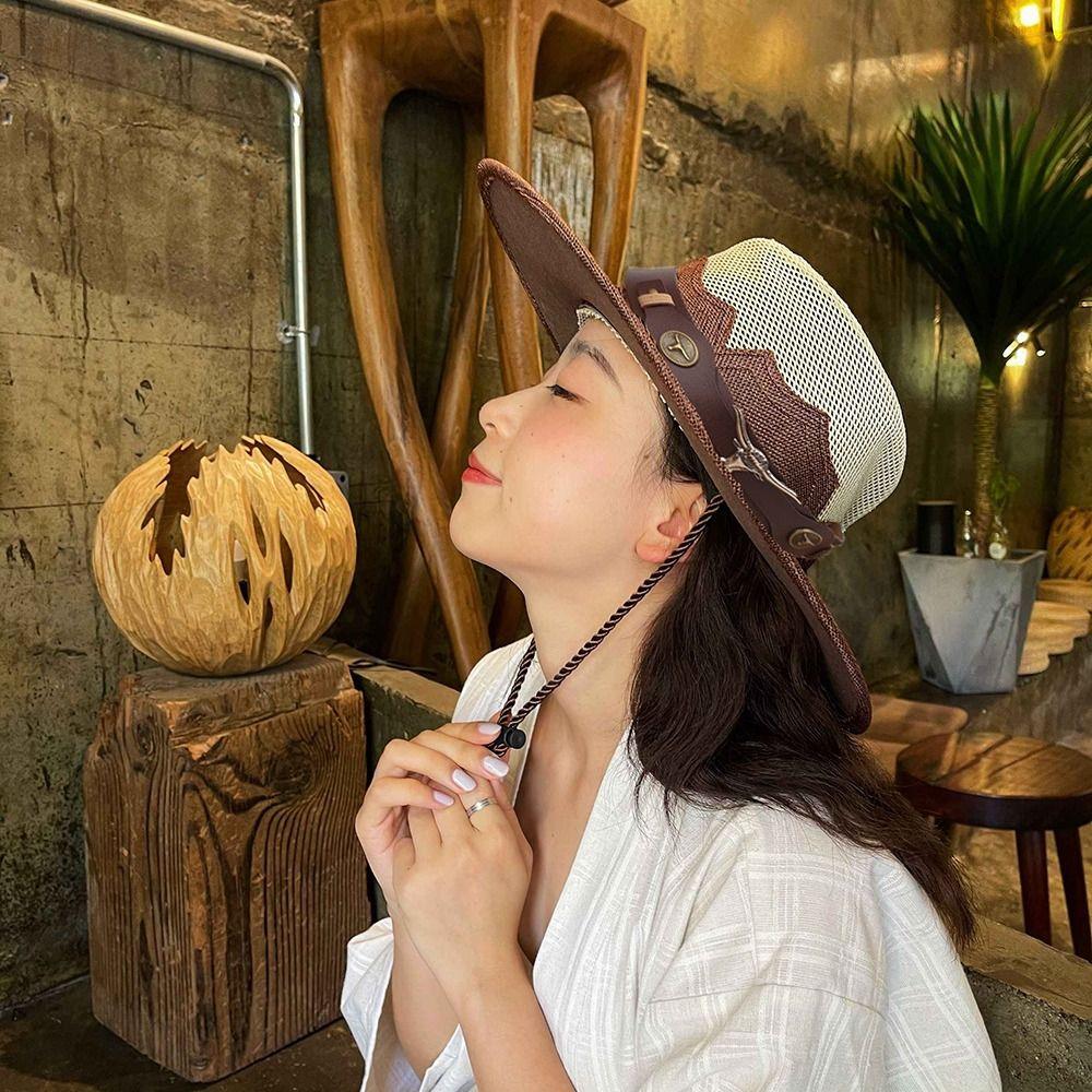 Wide Brim Western Cowboy Hats Mesh Sun Protection Fisherman Cap Cool Sunscreen Bucket Hat  Summer
