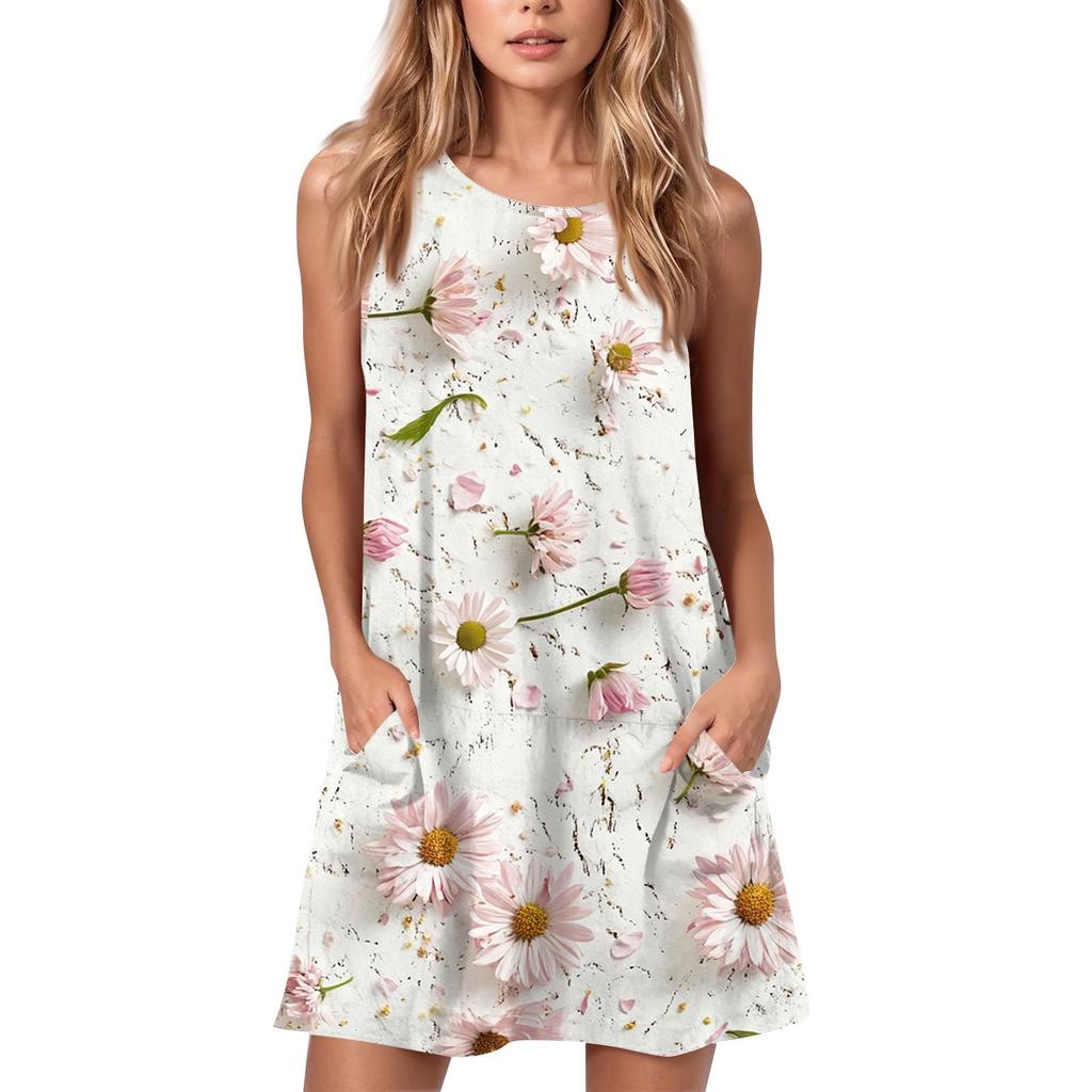 Женское летнее повседневное платье с круглым вырезом и принтом, платье без рукавов с карманами