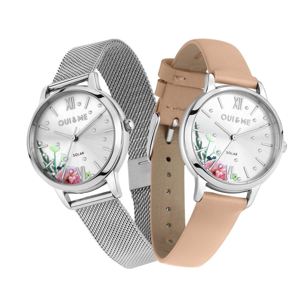 Oui & Me Fleurette Pink Leather Strap Silver Dial Solar ME010373 Women's Watch With Extra Bracelet