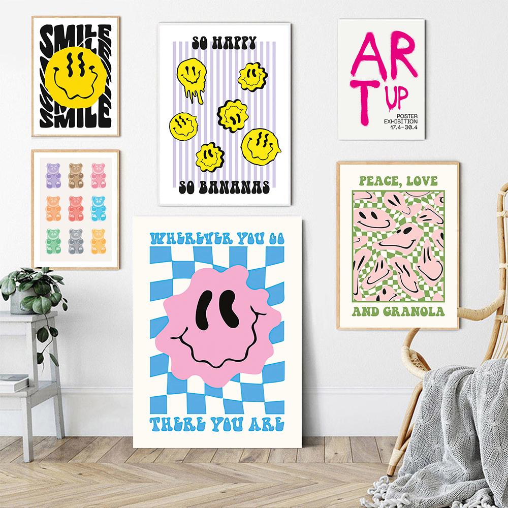 Abstract Smiley Poster Aesthetics Rainbow Bear Print Hippie Doodle Canvas Painting Checkerboard Art Wall Picture Home Room Decor