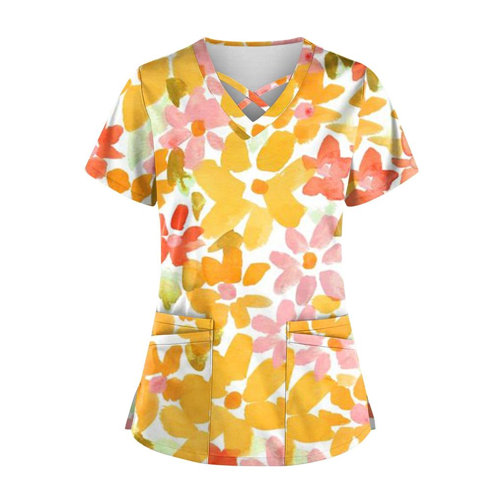 Плюс размер, милая рабочая форма с принтом, топы для женщин, забавные футболки с перекрестным v-образным вырезом и короткими рукавами, рабочая одежда, футболка с карманами