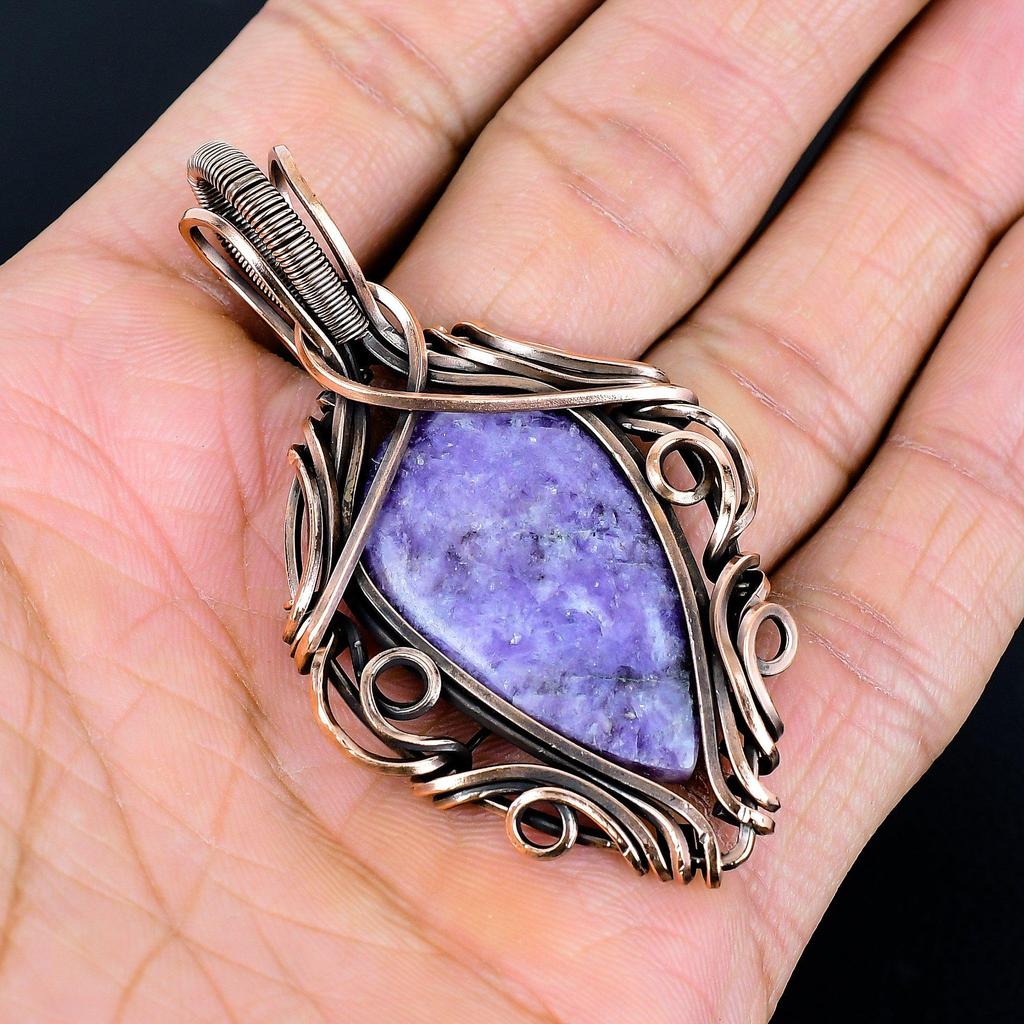 Подвеска из лепидолита, Драгоценный камень, Ювелирная подвеска, обернутая медной проволокой 999 пробы, Ювелирное изделие ручной работы, Подвеска с камнем-талисманом, Подарок для него