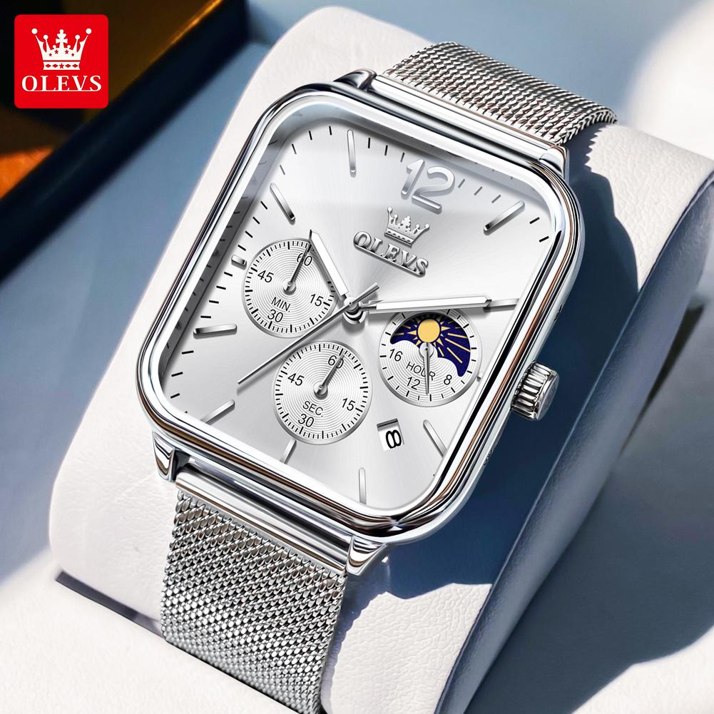 Square Quartz Men's Watch Three Eye Timer Moon Phase Automatic Date Waterproof Luminous Sports Watch