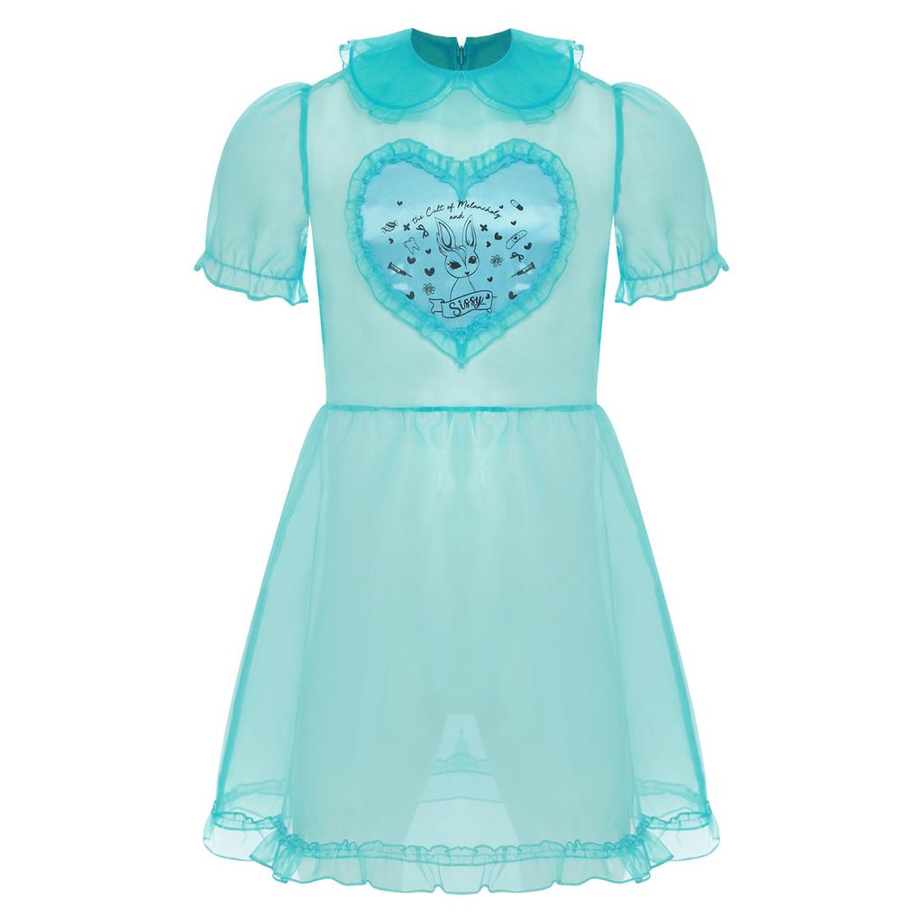 Мужское прозрачное сетчатое платье горничной, милый воротник, рукава-буфы, расклешенное А-силуэта, костюм для кроссдрессинга, клубная ночная одежда