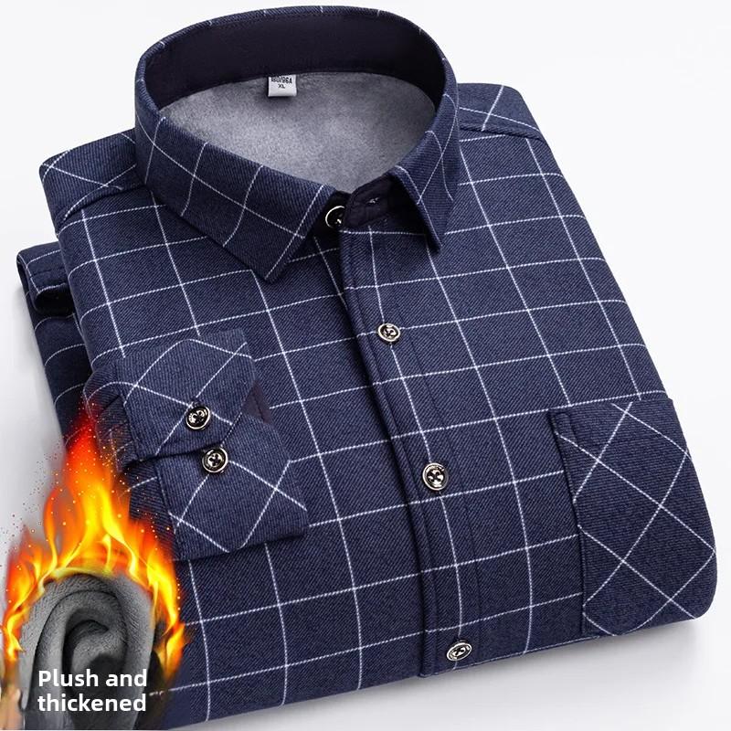 Thickened Flannel Men's Shirt Warm Plaid Winter Casual Square Collar Plus Size Clothing Fleece Lined Double Sided Velvet